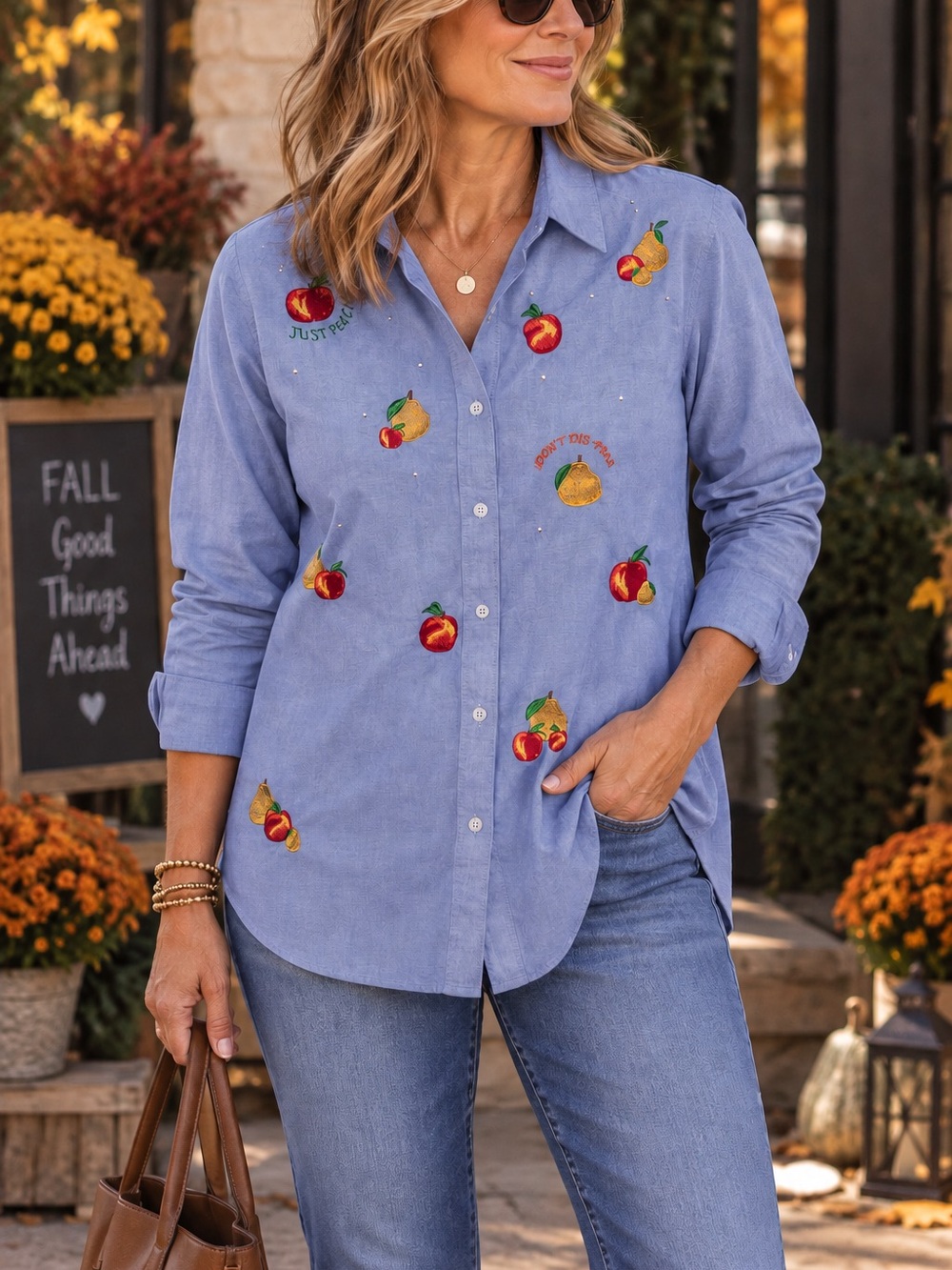 Quacker Factory Vintage 90s Fruit Embroidered Shirt Top Sz M
